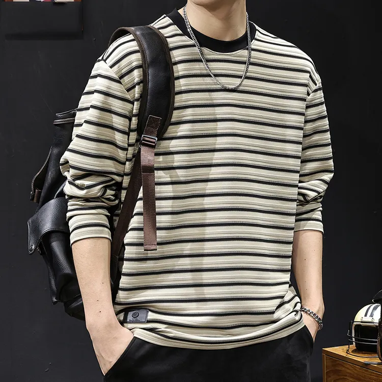 MR.MUDI/穆迪先生美式复古条纹长袖t恤男士百搭宽松圆领打底秋季