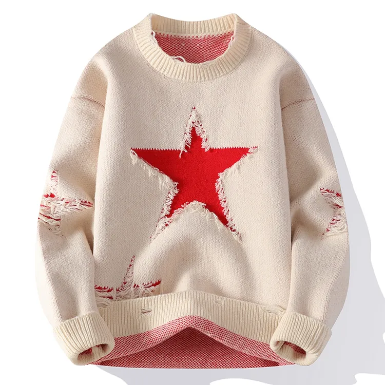 双11秋冬青少年针织衫五角星提花纯色圆领毛衣学生宽松帅气毛衣男