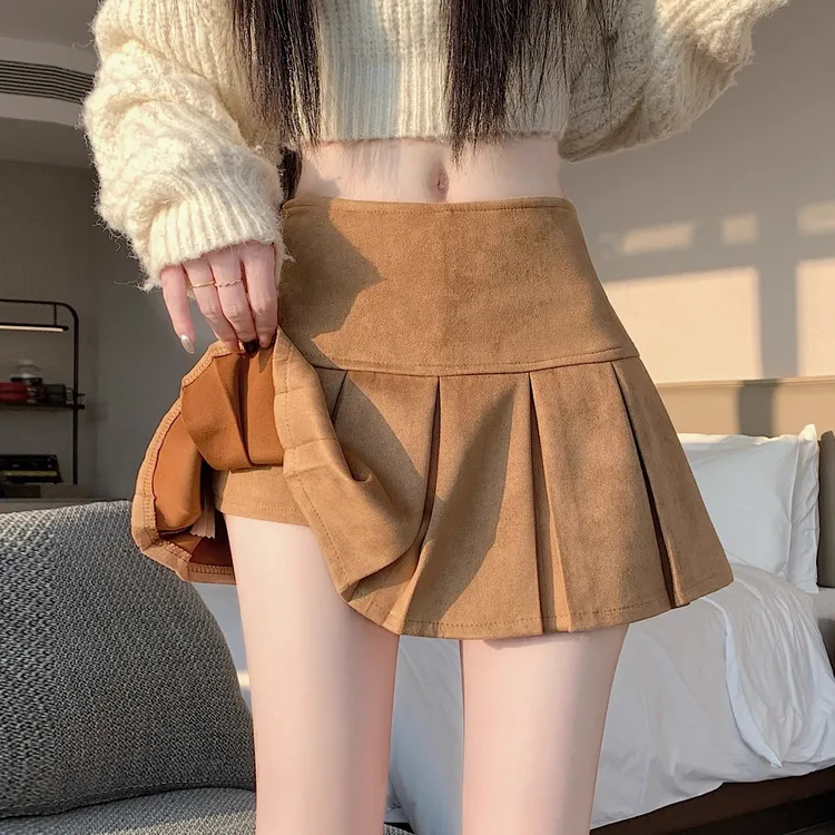 鹿皮绒百褶半身裙女秋冬2025新款小个子高腰显瘦防走光a字短裙裤