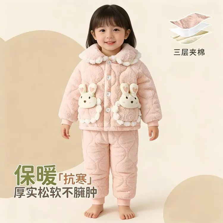 男女宝宝睡衣加绒婴儿保暖衣套装分体家居服儿童夹棉外套冬季加厚