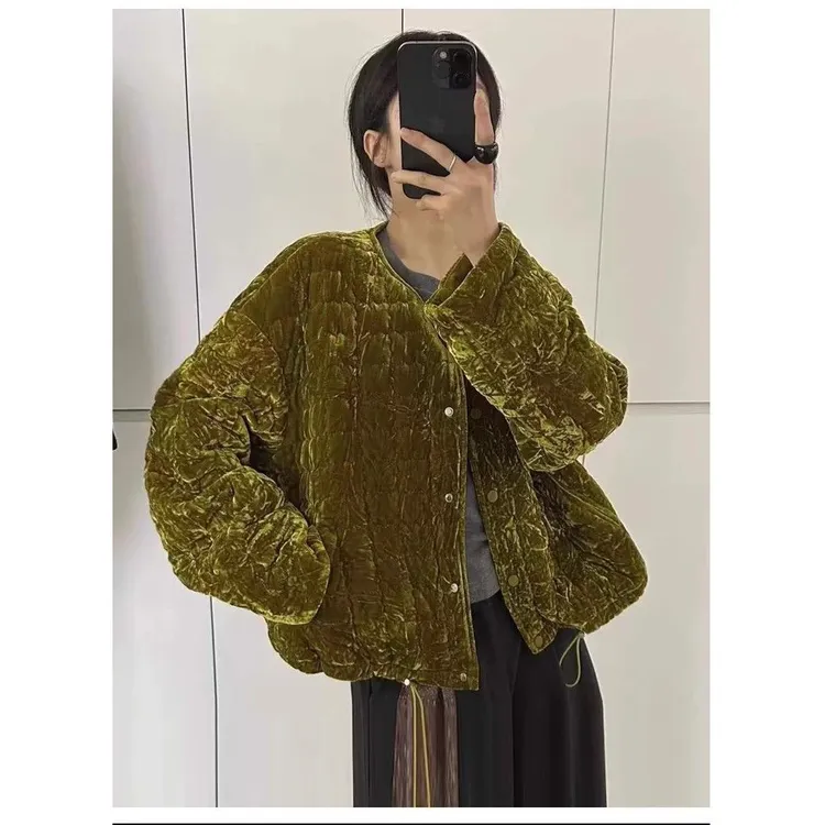 2025秋冬新款韩版宽松显瘦百搭圆领菱形格棉服女气质夹棉加厚外套