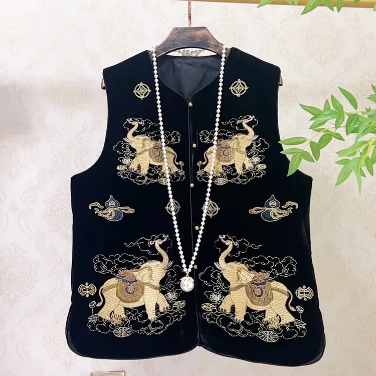 YY新中式国风重工刺绣贵气马夹胖妹妹丝绒200斤坎肩上衣