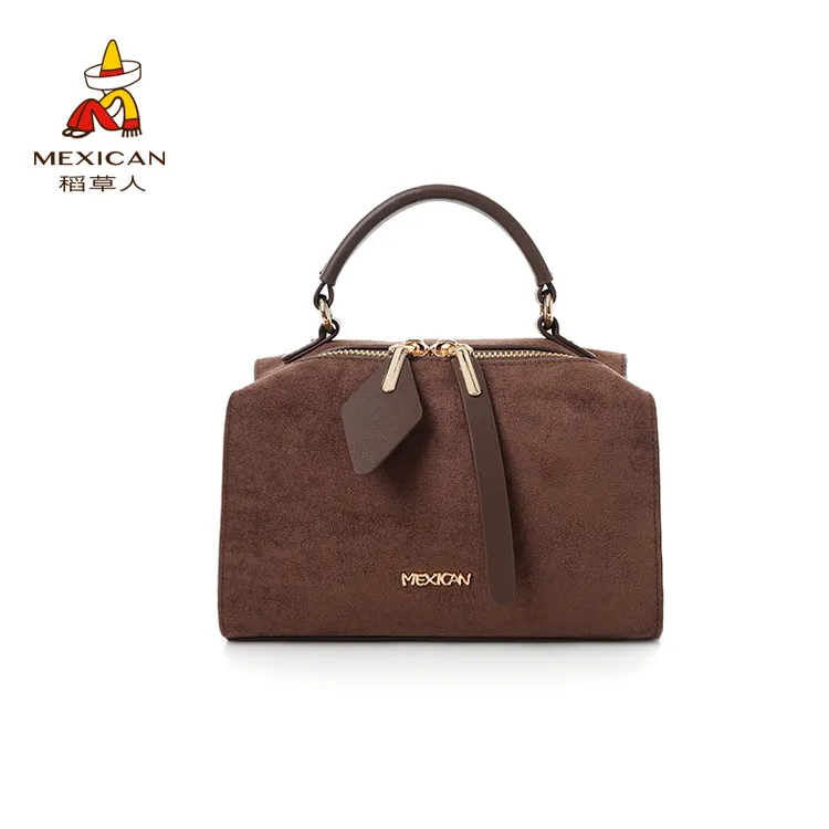 稻草人真皮麂皮绒牛皮波士顿包时尚轻奢女士拉链包盒子枕头包