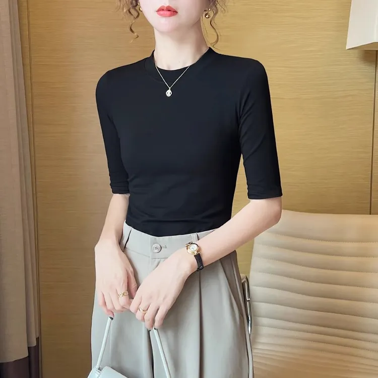 黑色莫代尔圆领中袖t恤女春秋季2025新款薄款五七分袖上衣打底衫