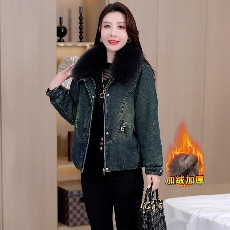 加绒加厚短款牛仔外套女冬季新款洋气毛领保暖休闲棉衣棉袄外套潮