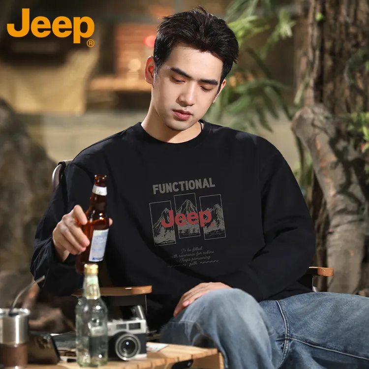JEEP/吉普美式纯棉重磅长袖t恤男士春秋季宽松圆领体恤休闲上衣服