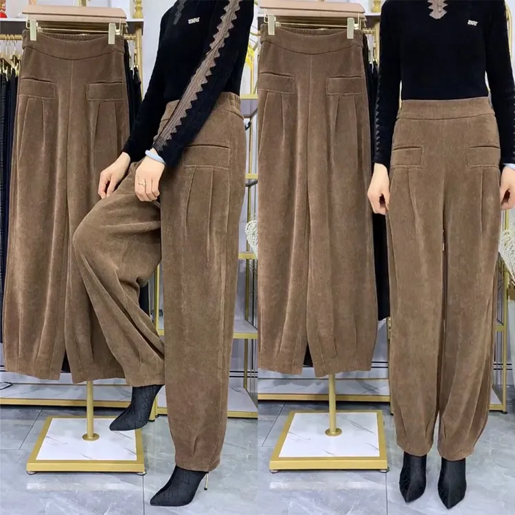 冬季加绒加厚外穿条绒哈伦裤子女休闲裤高档雪尼尔灯笼裤高腰宽松
