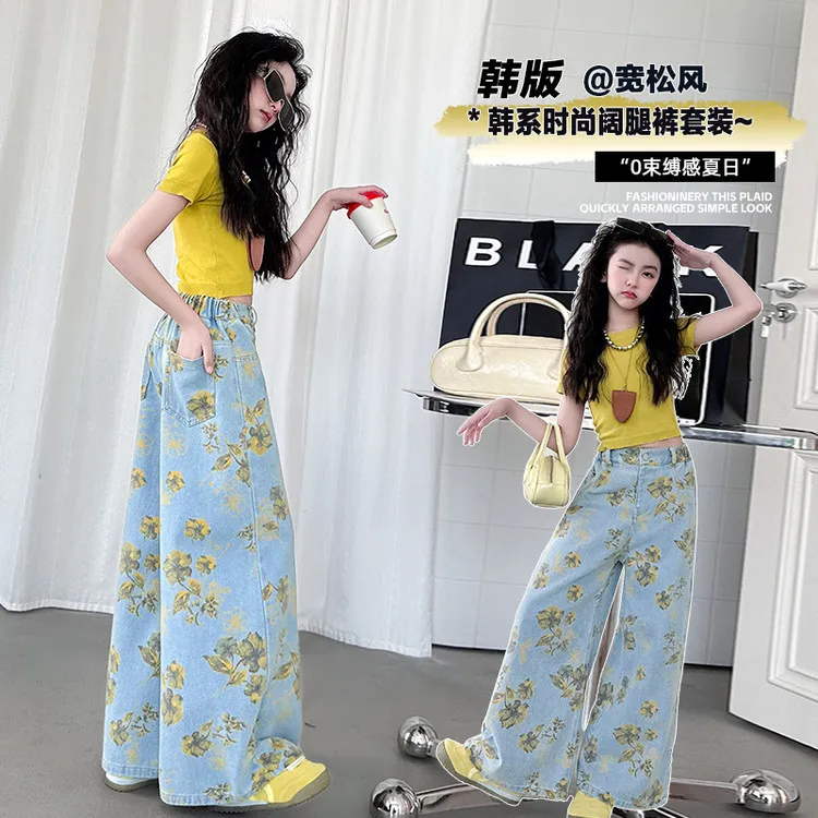 女童夏季牛仔裤薄款2025新款阔腿裤儿童夏装裤子套装宽松直筒长裤