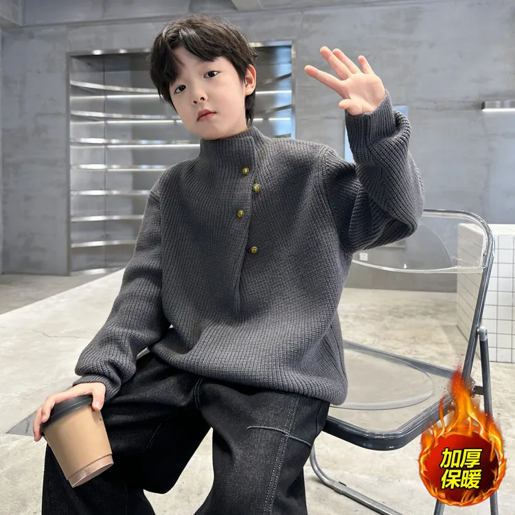 男童半高领针织衫毛衣秋冬款小众设计感纽扣上衣拜年服高级感线衣