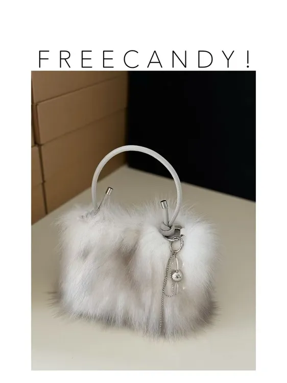FREECANDY原创银渐层 狐狸毛毛水桶手拎百搭单肩斜挎皮草包包秋冬