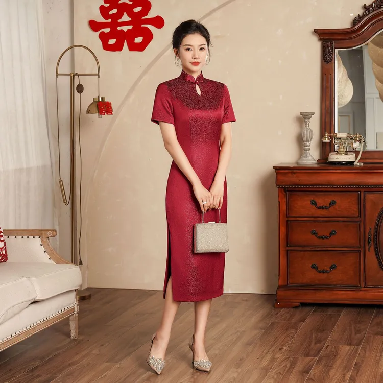 高端婚宴亮丝玫瑰醋酸婚礼喜妈妈婆婆礼服敬酒服改良紫色红色旗袍