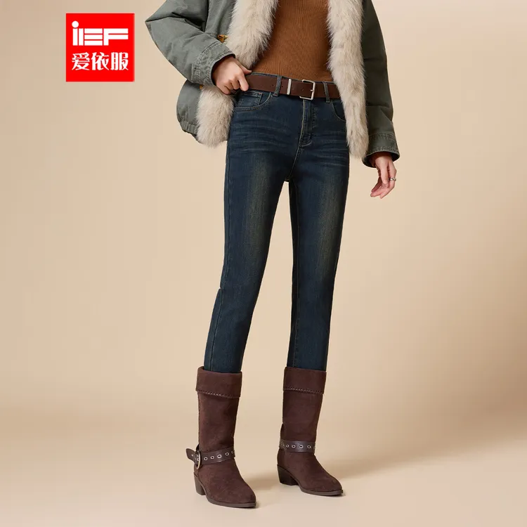 IEF/爱依服2025年冬季新款韩版基础款简约显瘦百搭加绒牛仔窄脚裤
