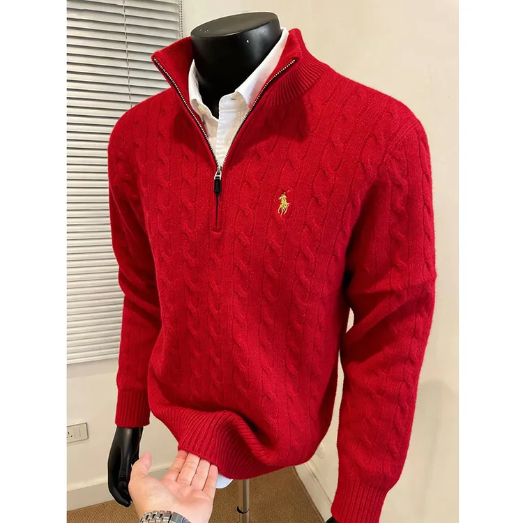 红色半拉链小马刺绣绞花高领毛衣男冬季新款老钱风针织内搭打底衫