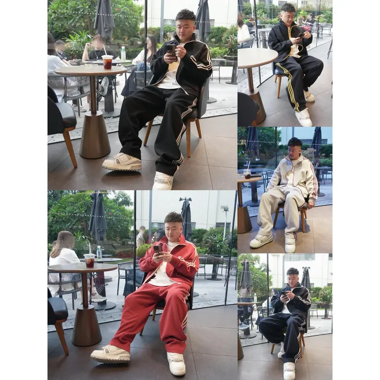 语乐2025秋季新款运动套装拼色三杠条立领百搭宽松套装男女同款