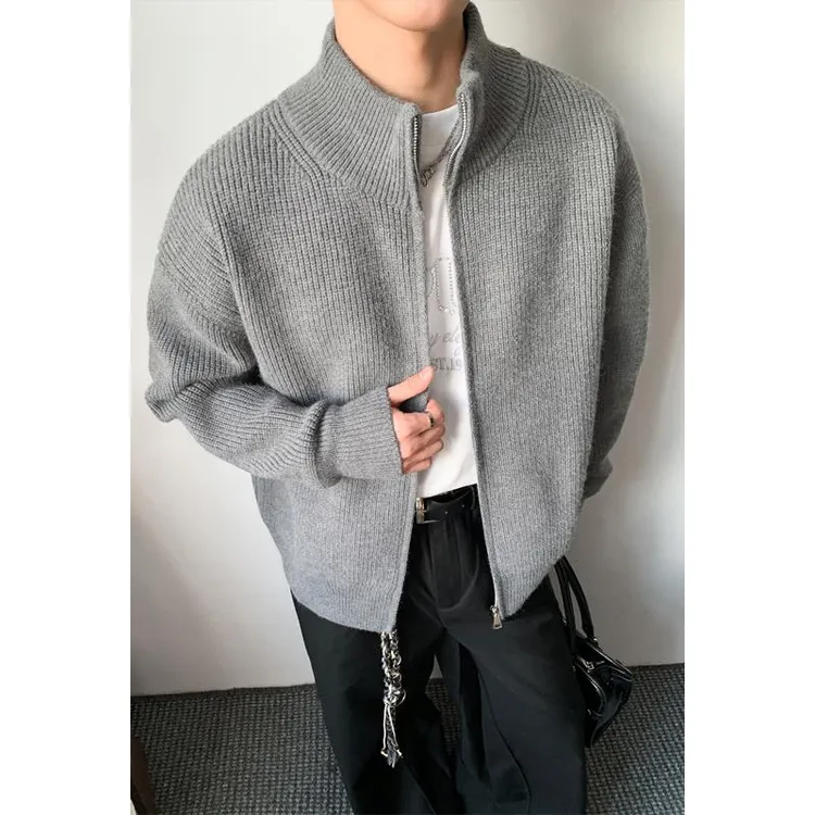 美式立领开衫毛衣外套男春秋cleanfit休闲针织衫夹克双拉链毛线衣