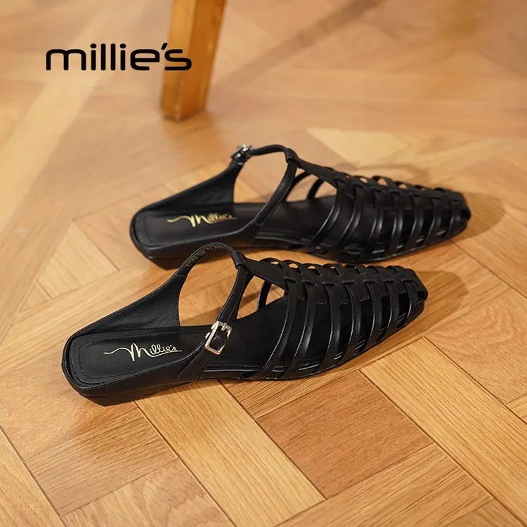 MILLIE'S/妙丽方头平底镂空编织罗马风格时尚休闲奶奶版包头拖鞋Z