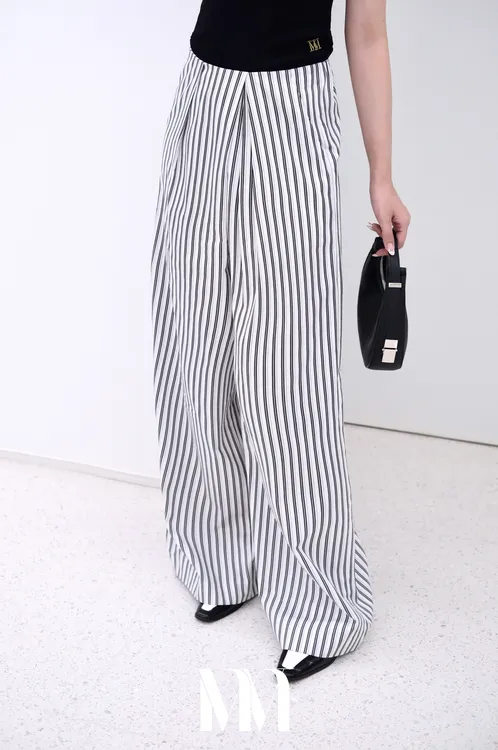 条纹松紧腰长裤时尚阔腿裤