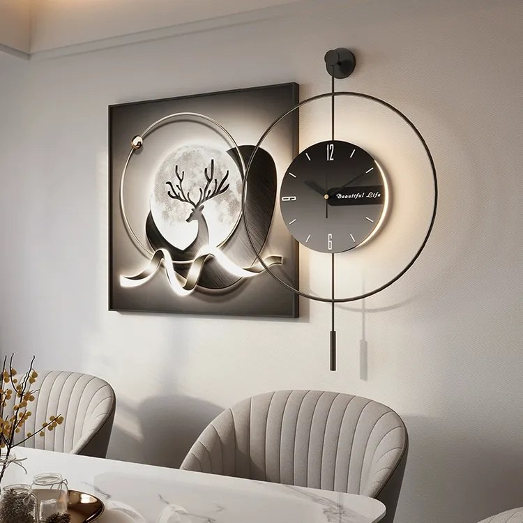 石来运转餐厅装饰画带钟表抽象高级感客厅餐桌墙壁画现代轻奢挂钟