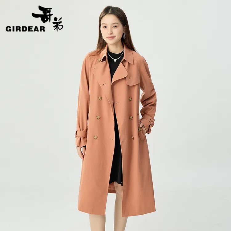 哥弟新款美拉德风时尚百搭双排扣长袖翻领中长款风衣外套1400164