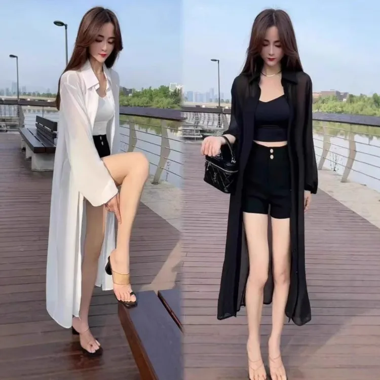 长款防晒开衫女夏季2024新款外穿宽松薄款防晒衣薄纱外搭衬衫上