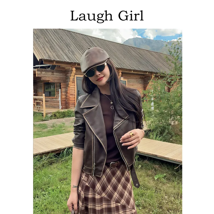 楚楚君Laugh girl秀场同款【飒爽潇洒】复古翻领皮衣短外套WL53066J