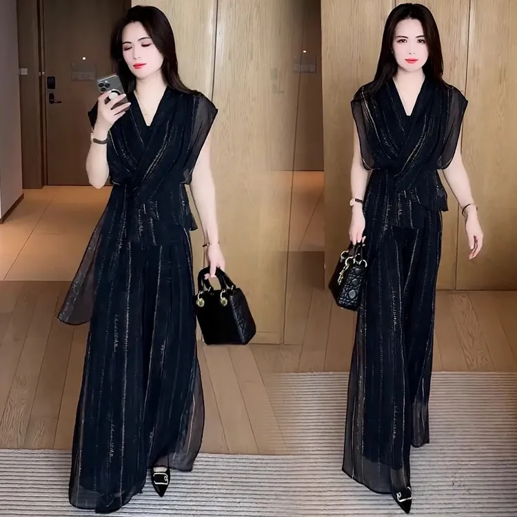 时尚雪纺套装女2025夏季新款洋气质显瘦条纹短袖上衣阔腿裤两件套