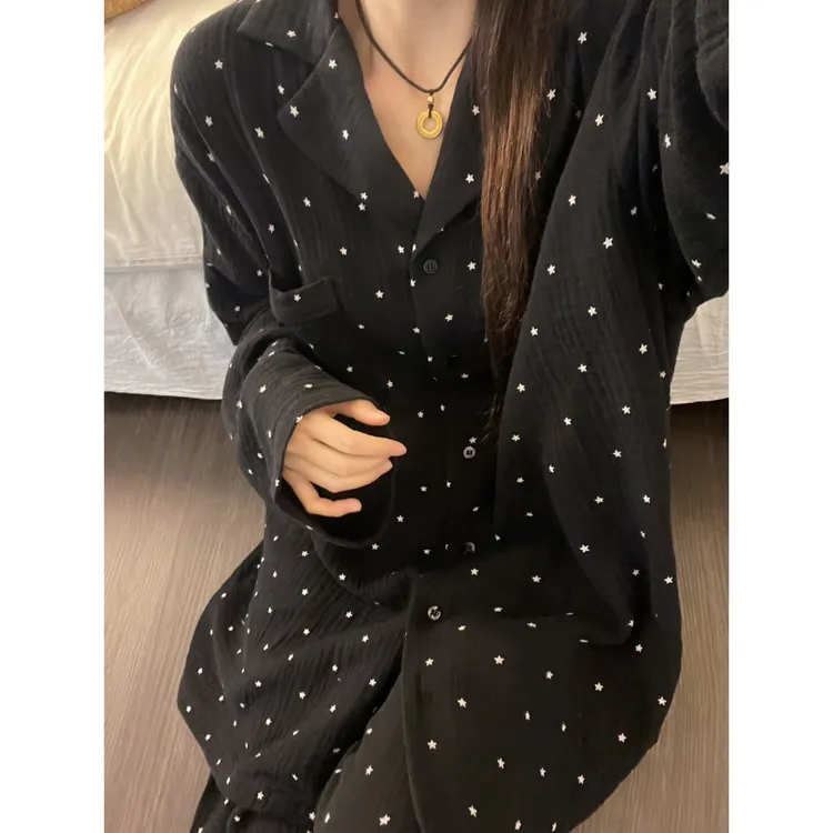 韩系黑色星星印花睡衣女春季款长袖翻领宽松休闲可外穿家居服套装