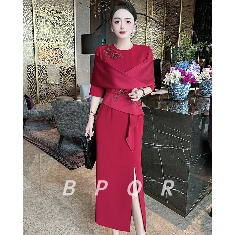 BPQR春夏重工绣花钉珠红色婚礼宴会红色礼服裙洋派时尚显瘦洋装