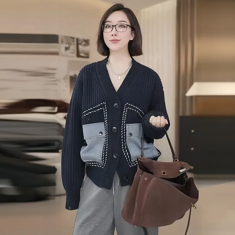 慵懒风时尚复古针织毛衣女2025年秋冬新款宽松显瘦v领开衫上衣