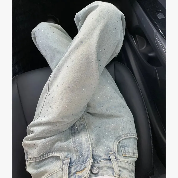 设计感浅色高腰烫钻阔腿牛仔裤女2025秋季新款时尚百搭直筒拖地裤