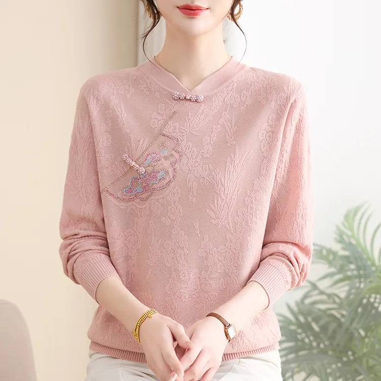 十月份喜婆婆婚宴装妈妈秋装针织上衣中老年女春秋新中式打底毛衣