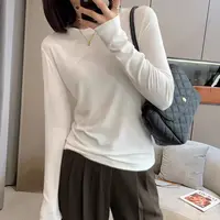 早秋新款软糯圆领纯色长袖t恤白色打底衫贴身显瘦内搭上衣