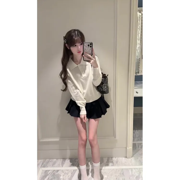 MARIE.COCO小个子纯色翻领长袖针织衫上衣女秋季百褶半身裙两件套