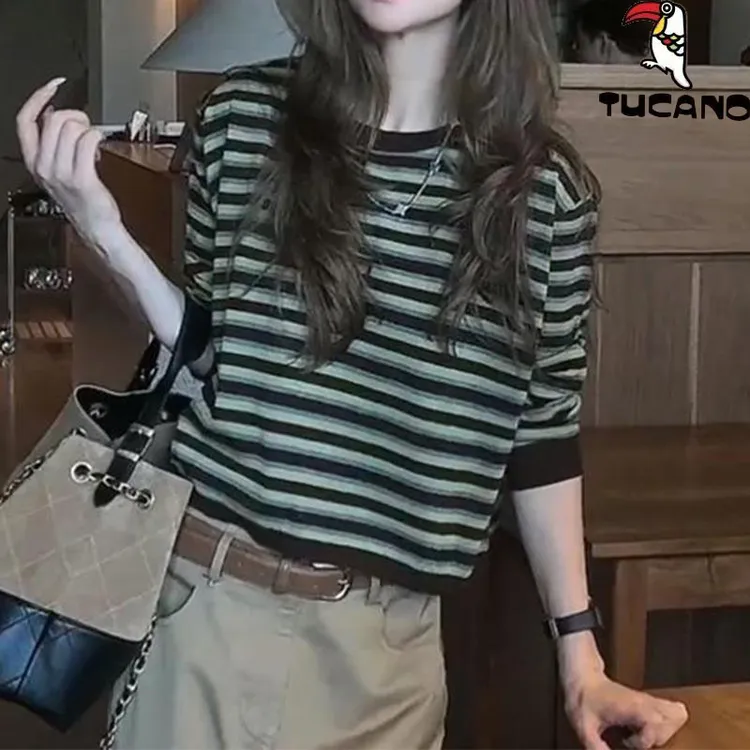 啄木鸟秋季条纹T恤女2025新款韩版ins复古撞色圆领正肩长袖上衣