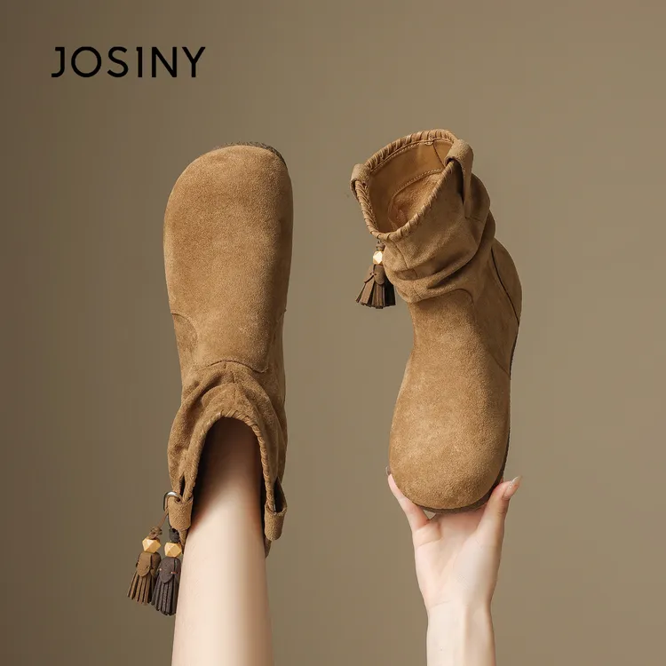 卓诗尼内增高短靴女2025年秋冬季美拉德马丁靴流苏复古卡其色靴子