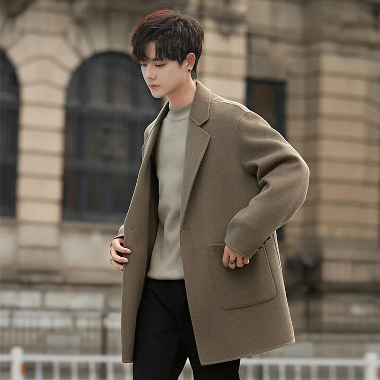 【双面羊毛】冬季韩版加厚毛呢大衣男士中长款风衣修身商务呢子外套