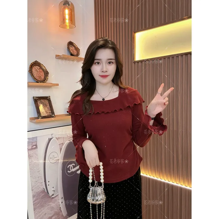 【仅上衣】花老爷微胖大码女装翻领微喇袖撒银T恤HLY3693