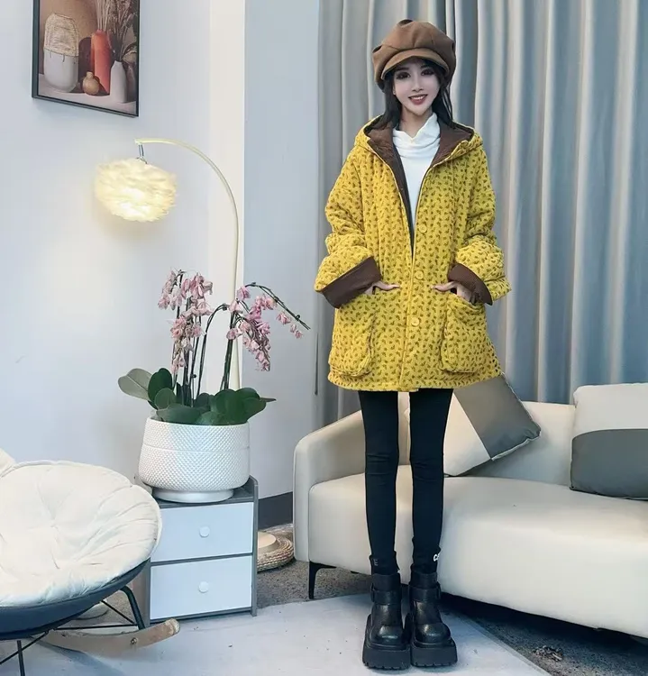 【沐木流浪记】（锁心）韩版时尚碎花连帽大口袋棉服外套z