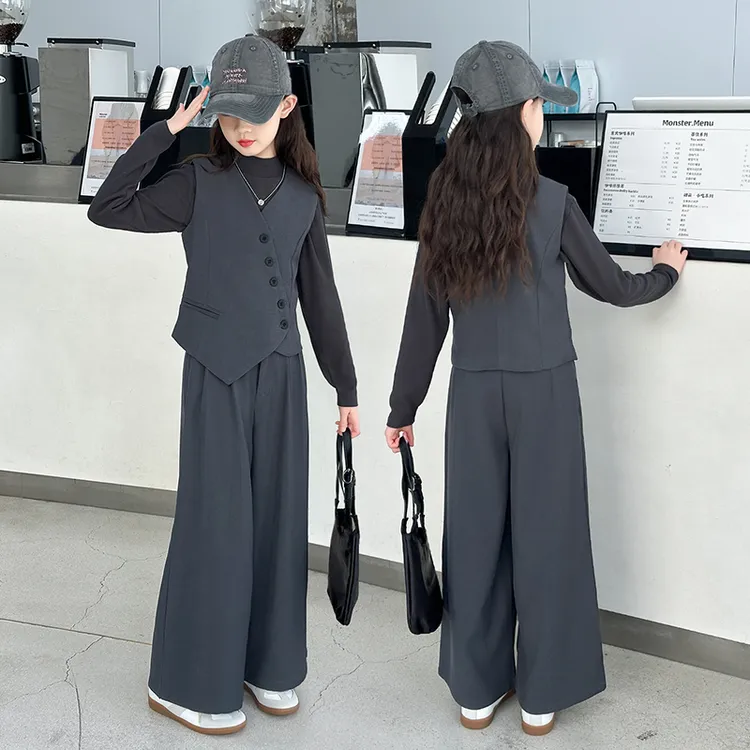 女大童秋季西服套装洋气2025新款时尚亲子装春秋时髦阔腿裤三件套