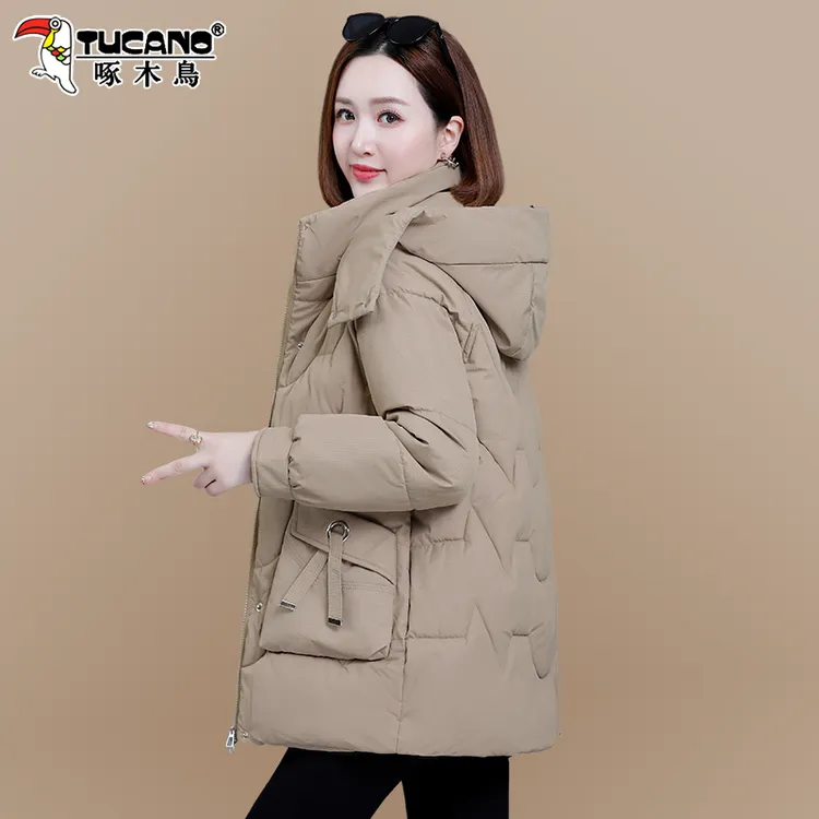 啄木鸟中长款棉衣棉服女2025新款冬季妈妈保暖棉袄连帽百搭外套