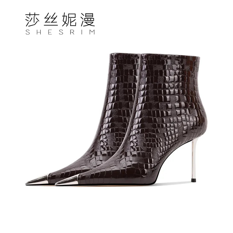 8/6CM尖头细高跟鳄鱼压纹气质冬季新款上新女靴款皮里/绒里百搭靴
