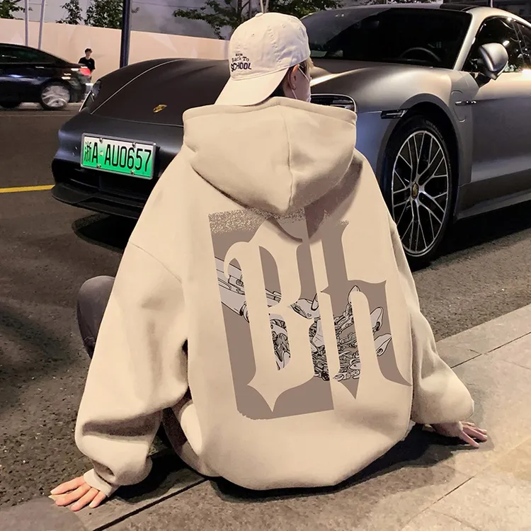 帽衫卫衣~潮流百搭字母宽松港风连帽休闲上衣青年加绒外套大码厚