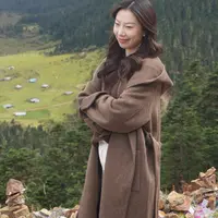 【梨花服饰】连帽长款羊毛大衣