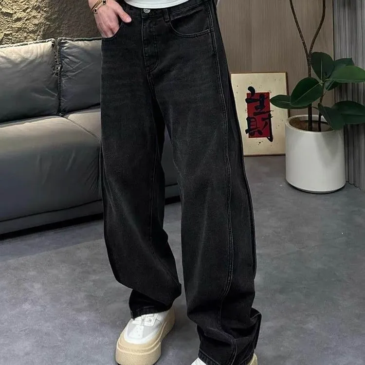 秋季新款潮流男士牛仔裤做旧水洗宽松直筒阔腿裤高街美式牛仔裤