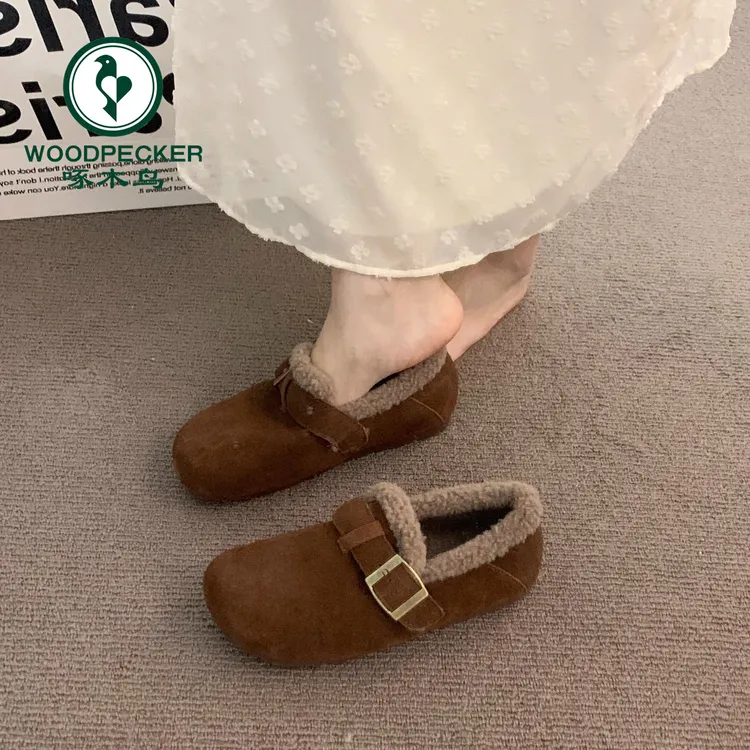 啄木鸟厚底加绒勃肯鞋女外穿秋冬一脚蹬丑萌晚晚风保暖豆豆棉鞋子