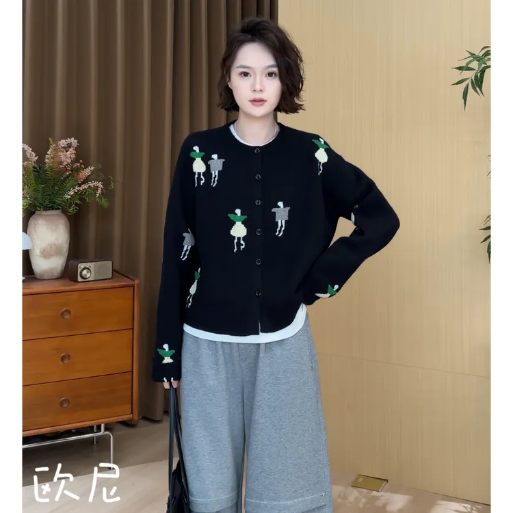 欧尼私服【小人刺绣羊毛开衫】2025早秋单排扣显瘦上衣 2508C4969