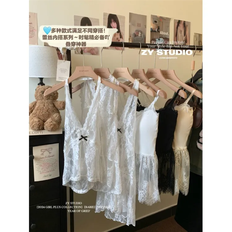 纯欲风性感蕾丝吊带连衣裙女冬季2024新款无袖叠穿收腰蝴蝶结短裙