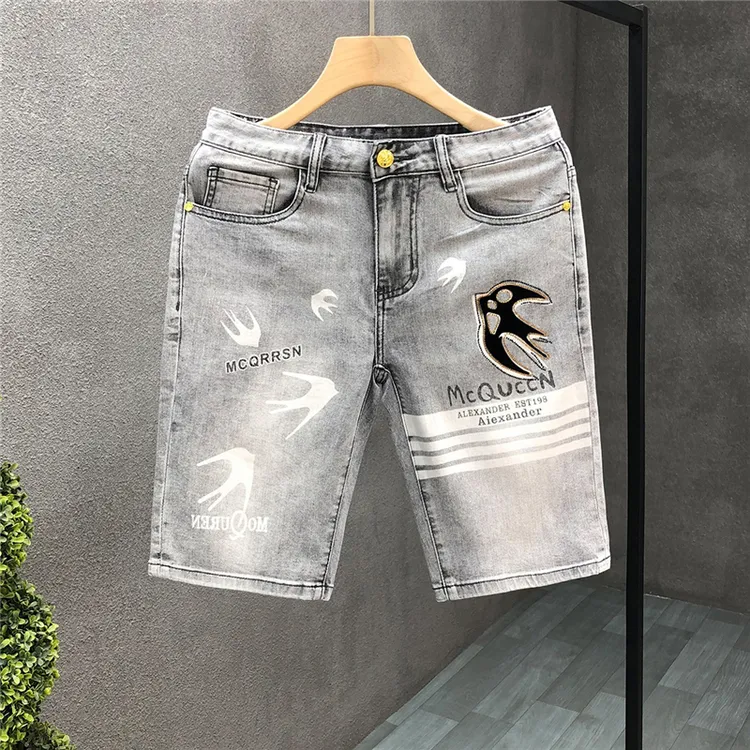 浅灰色印花烫钻牛仔短裤男夏季薄款中裤男士修身时尚高端五分裤子
