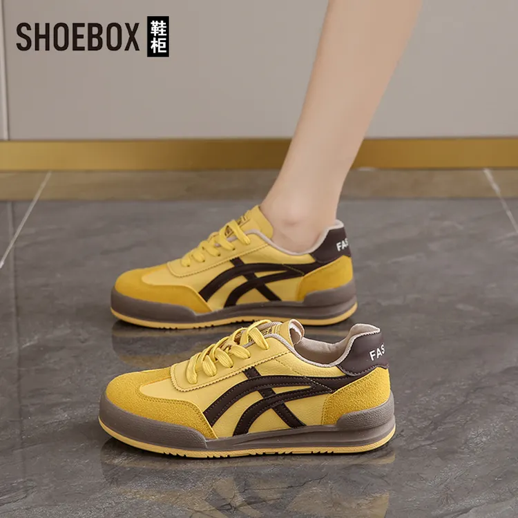 SHOEBOX鞋柜美式复古阿甘鞋女秋季2025新款休闲黄色皮面德训鞋