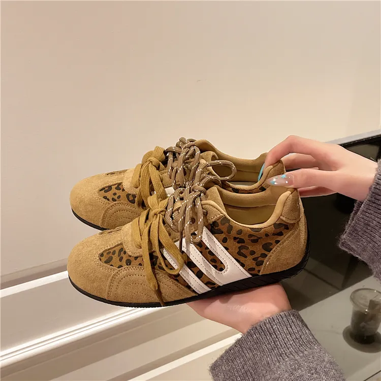 复古豹纹系带德训鞋女2025早秋新款薄底内增高时尚百搭运动休闲鞋